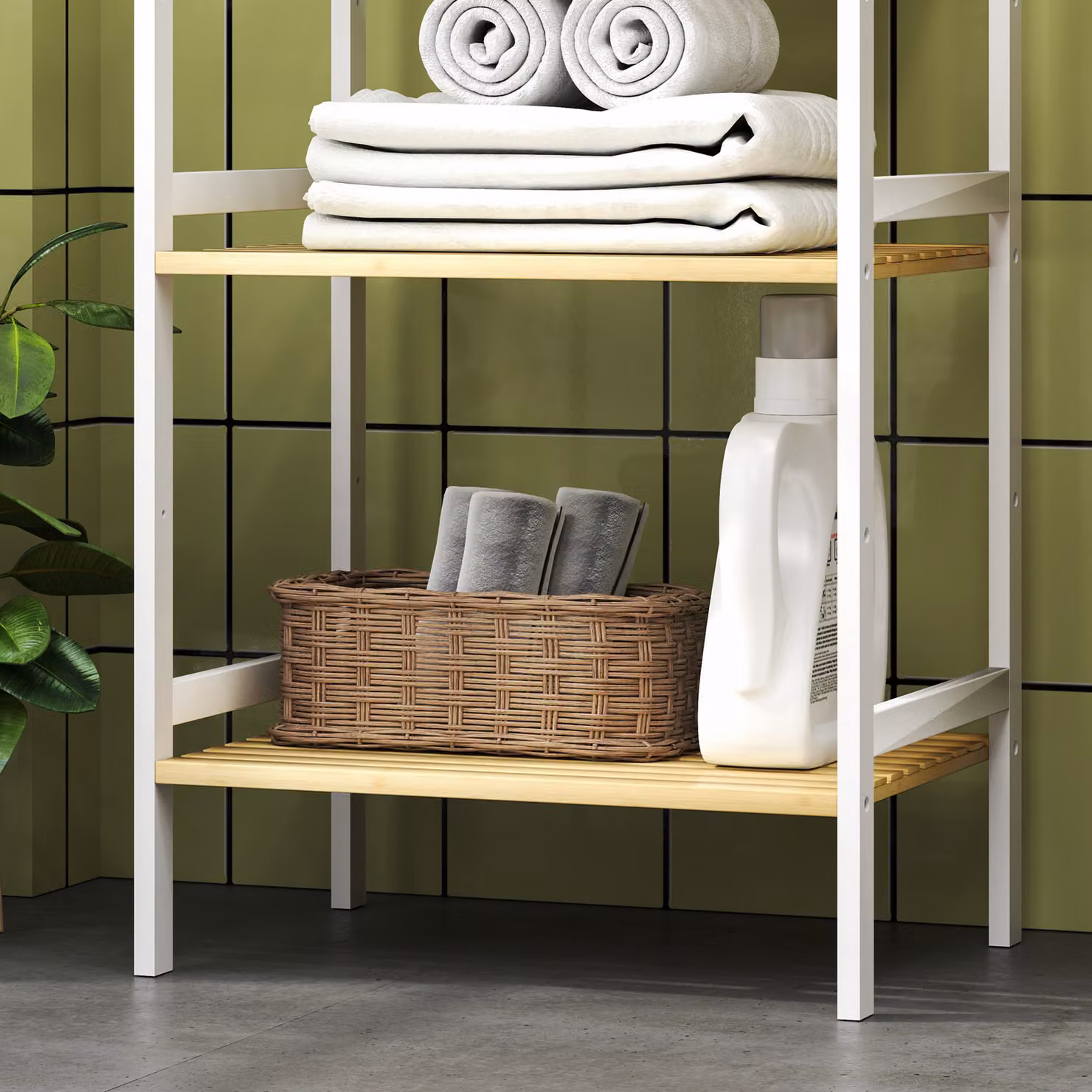HOMCOM Three-Tier Bamboo Adjustable Shelf Storage Unit in Brown or White – 4