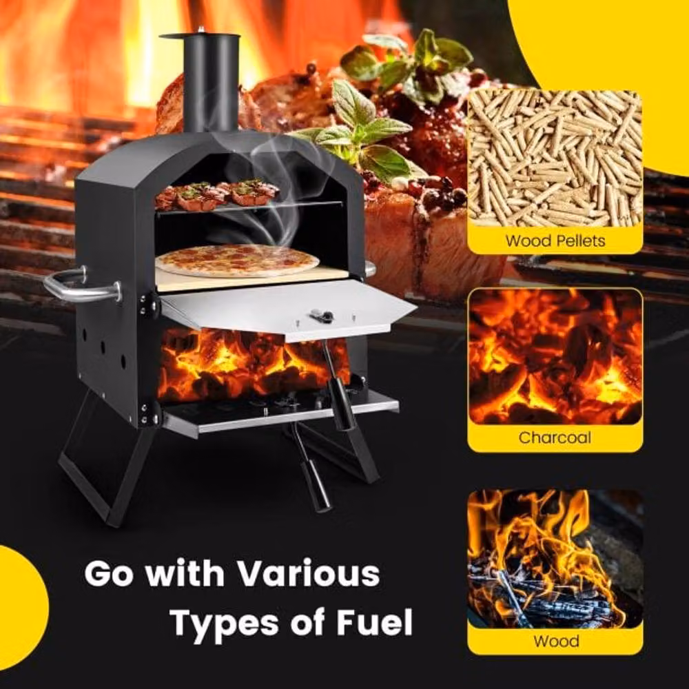 Costway Outdoor 2-Layer Wood Fired Pizza Oven with Pizza Stone, Black, W/D/H: 72 x 44 x 44 cm – 8
