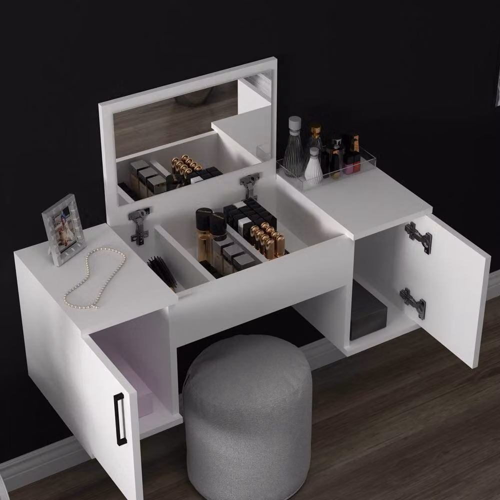 Destina Home Marie Wall-Mounted Makeup Table with Mirror, Shelves and Cabinets, White, W: 100 cm, D: 38.6 cm, H: 35.5 cm – 3