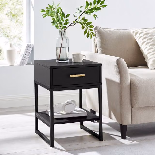 Melody Maison Luna Black One Drawer Bedside Table with Gold Accents – 1