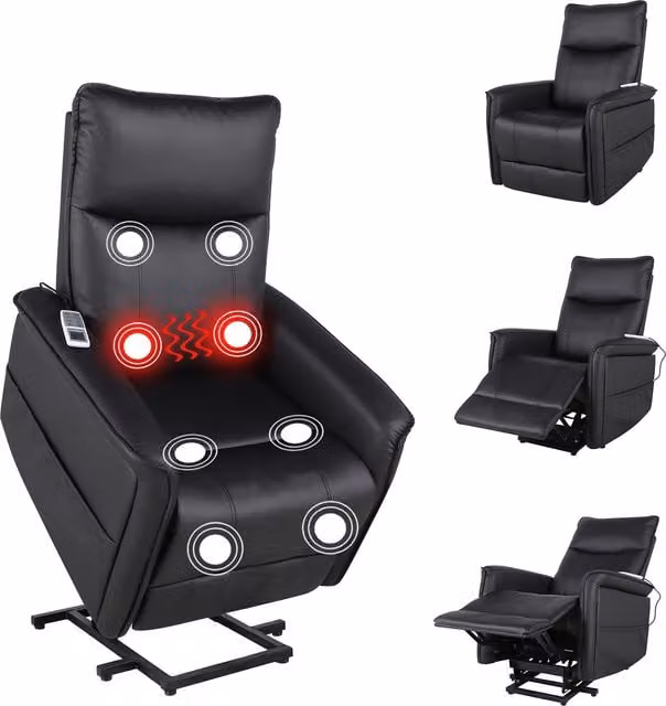 Furniture One Black Synthetic Leather Powered Lift Assist Massage Recliner Chair