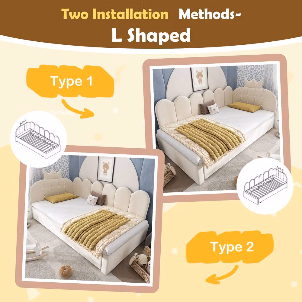Merax Crown Upholstered Single Daybed with Pull Out Trundle Bed in Beige – 4