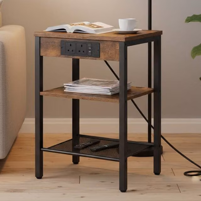 FORGEVIO A-Brown 3 Tier Side Table with Charging Station and Adjustable Shelf in Brown – 1