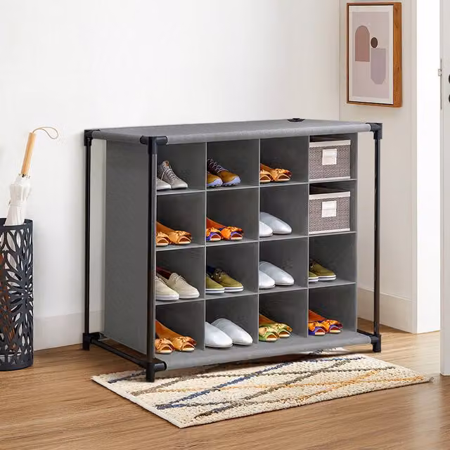 THE HOT SALE Freestanding 4-Tier 16-Grid Non-woven Shoe Rack with Back Panel, Grey