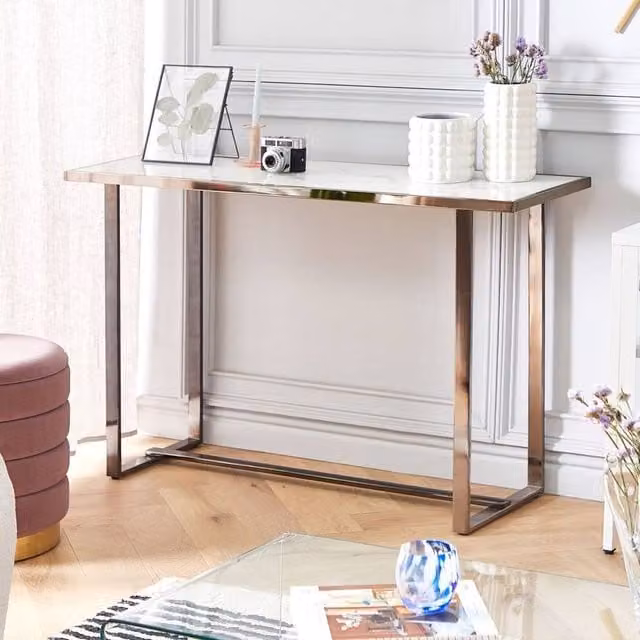 Wyld and Coco Modern Console Table in White and Silver with Marble Finish Tempered Glass, W/D/H: 120 x 40 x 77 cm
