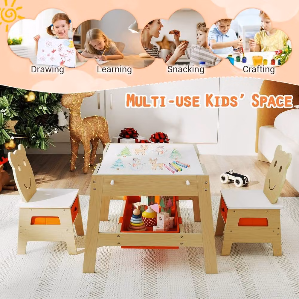 CASART Kids Wooden Activity Table and 2 Chairs Set in Multicolour with Double-Sized Rectangular Tabletop – 2
