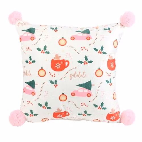 KDMD Square Sugarplum Fun Christmas Print Velvet Cushion in Pink and White, W/D/H: 45.72 x 45.72 x 45.72 cm