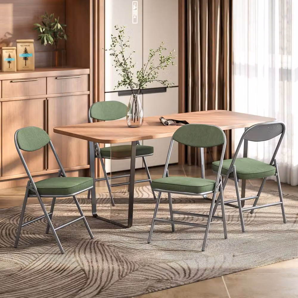 STILVORA Set of Four Green Corduroy Upholstered Folding Chairs with Metal Frame – 2