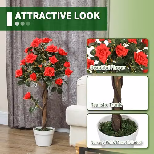Outsunny Set of 2 Red Artificial Rose Trees, 90 cm Height – 4