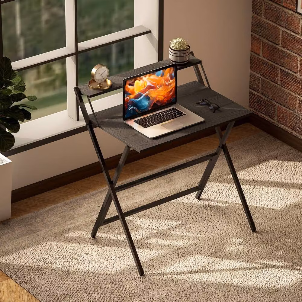 STILVORA Foldable Black Metal Desk with Monitor Shelf for Home Office – 8
