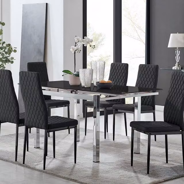 FurnitureboxUK Enna Black Glass Extending Dining Table and 6 Milan Black Leg Chairs Set