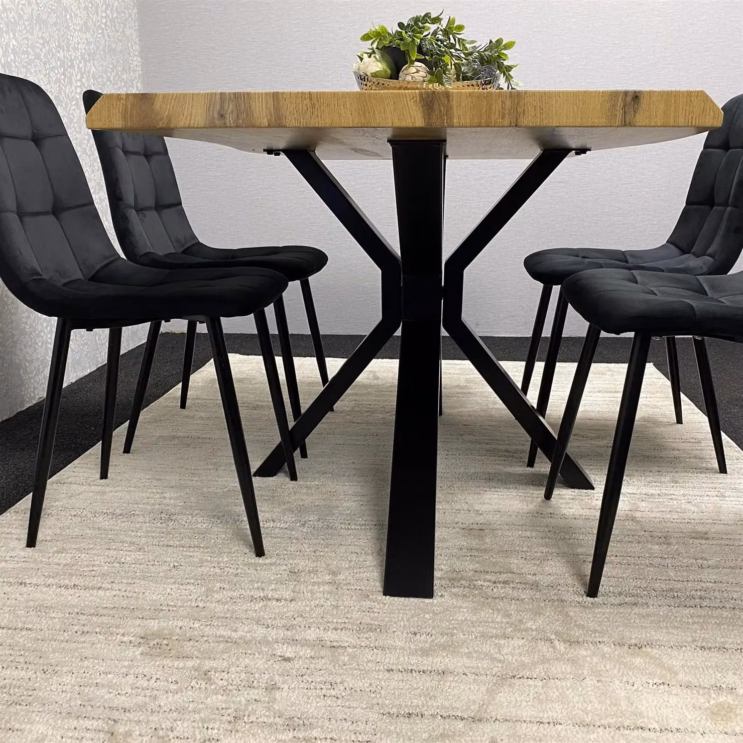 KOSY KOALA Brown Wooden Rectangular Dining Table with 4 Black Velvet Chairs – 4
