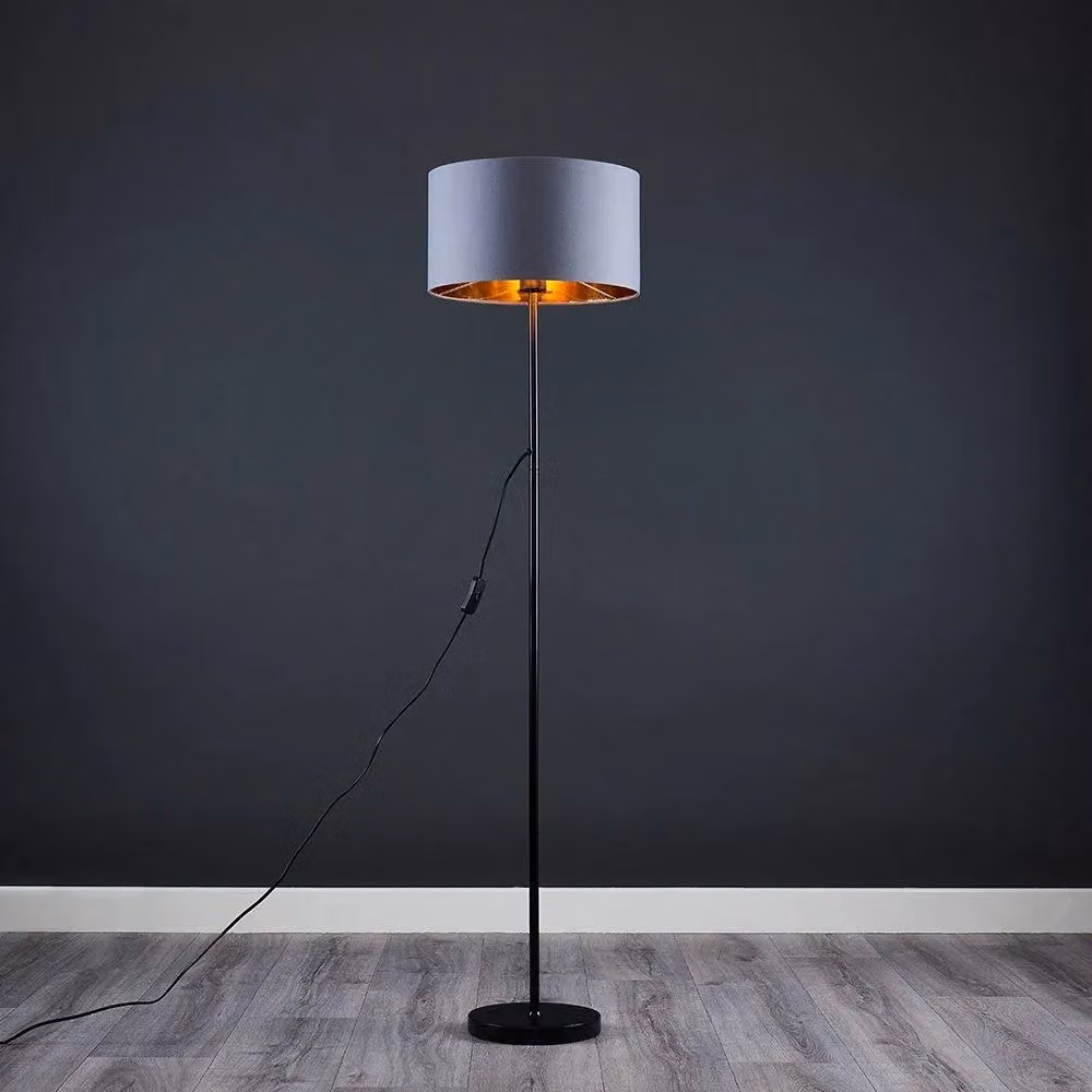 ValueLights Modern Black Metal Floor Lamp with Grey and Gold Drum Shade – 2