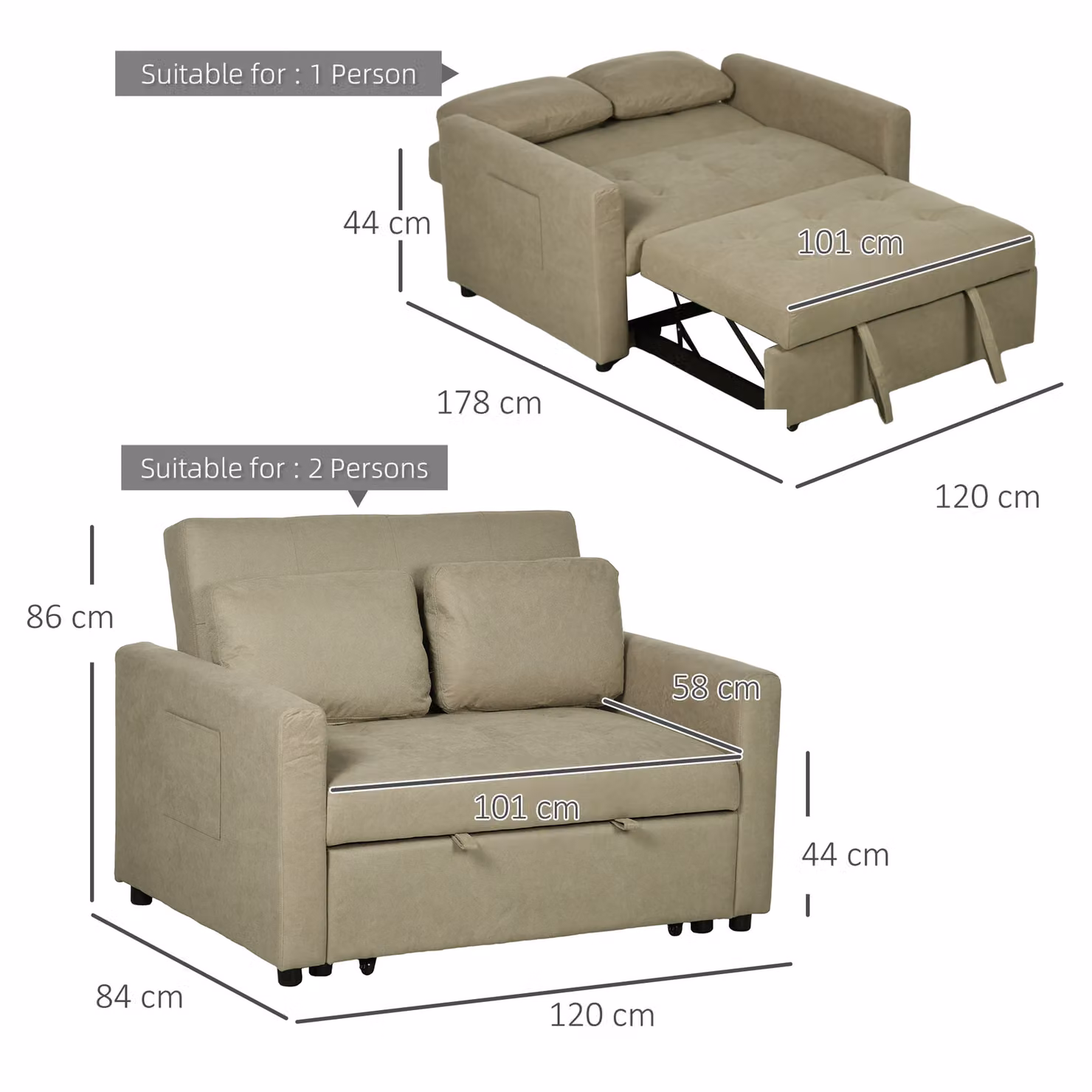 HOMCOM Convertible Loveseat Sofa Bed in Brown with 2 Scatter Cushions and Side Pockets – 3