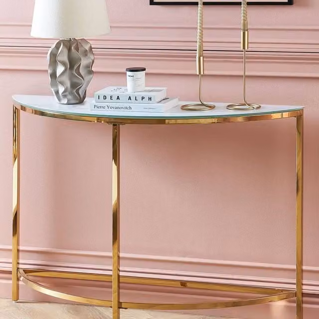 Wyld and Coco Half Moon Console Table with White Matte Tempered Glass Top and Gold Metal Frame