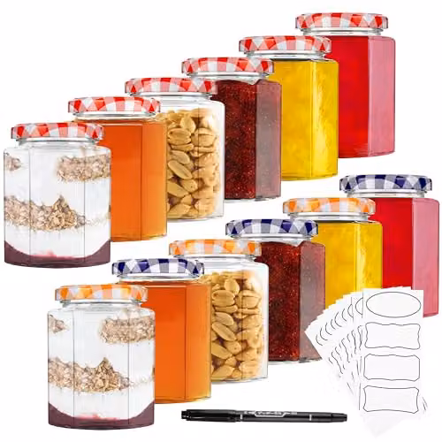 Deco Express Hexagon Glass Preserving Jars with Airtight Screw Lids, 12 Pack, 250 ml, Red, White and Multicolour – 1