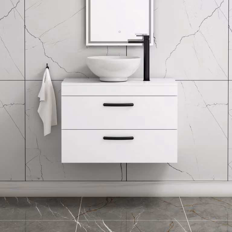 Royal Bathrooms 800mm Wall Hung Gloss White Vanity Unit with Breeze Countertop Basin and Matt Black Handles