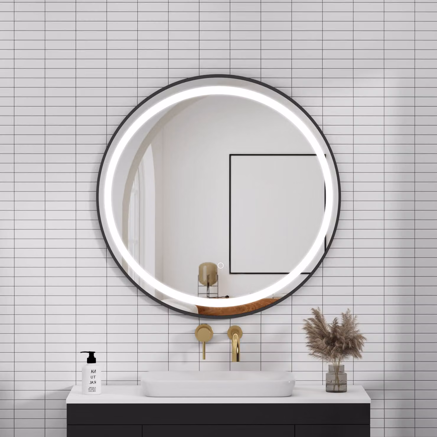 Royal Bathrooms Capri Round LED Illuminated Framed Mirror in Matt Black with Demister Pad and Touch Sensor, W/D/H: 80 x 80 x 1 cm
