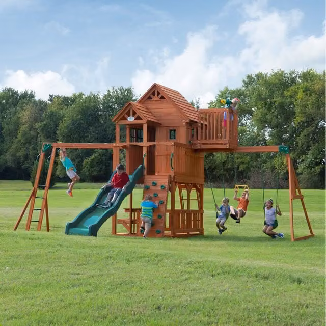Backyard Discovery Skyfort II Cedar Wooden Climbing Frame with Swings, Slide and Sandbox in Brown