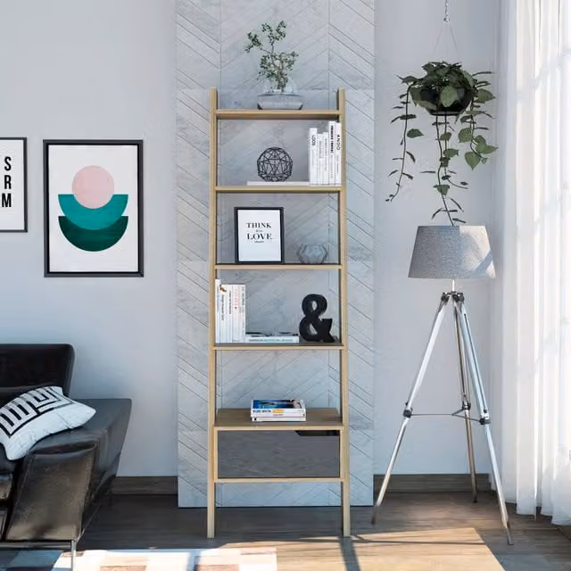 Core Products Manhattan Ladder Bookcase in Brown and Grey Pine and Stone Effect