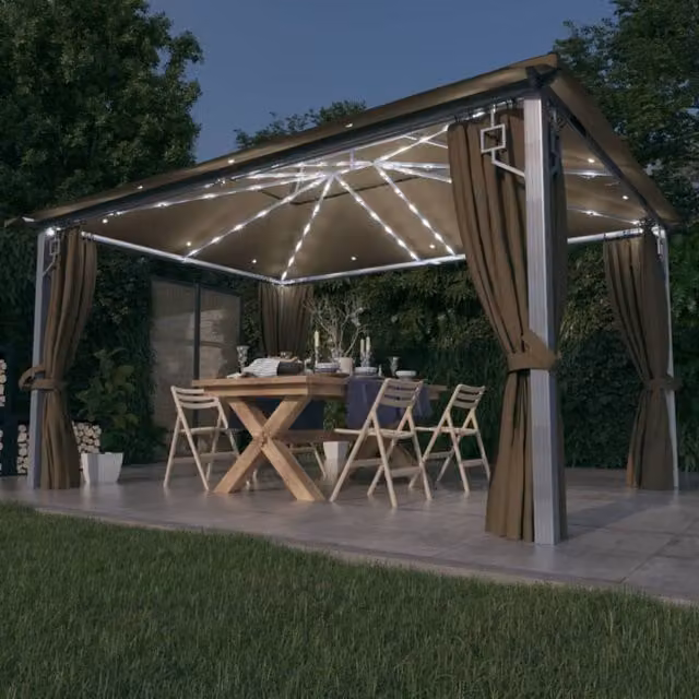 Berkfield Home Aluminium Gazebo with Curtains and LED String Lights, Beige, W: 4 m, D: 3 m