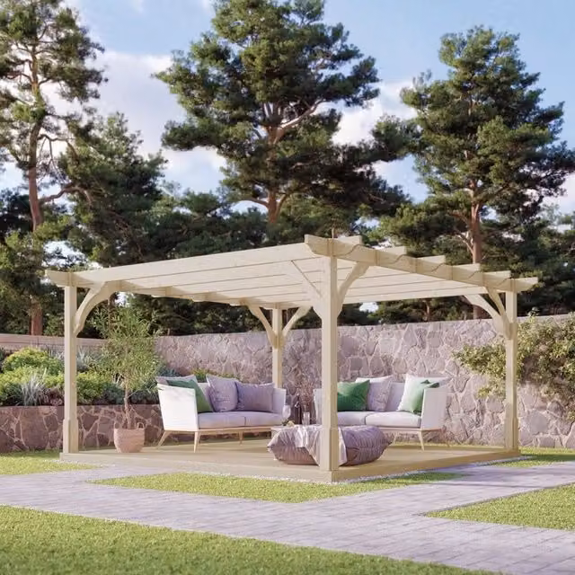 Rutland County Garden Furniture Ltd Premium Pergola and Decking Kit in Rustic Brown and Light Green, W: 420 cm, D: 420 cm, H: 270 cm – 1