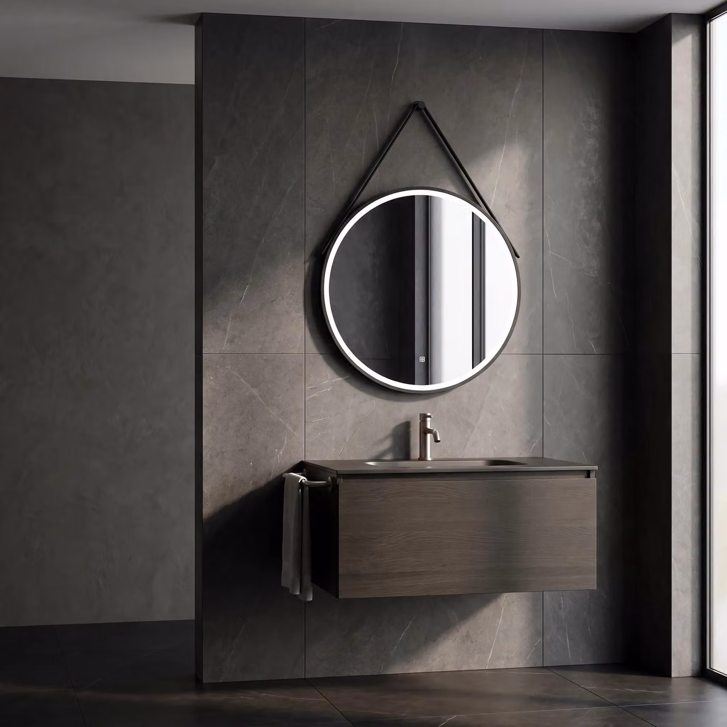 Balterley Round LED Bathroom Mirror with Demister and Hanging Strap, Black, Diameter: 80 cm – 3