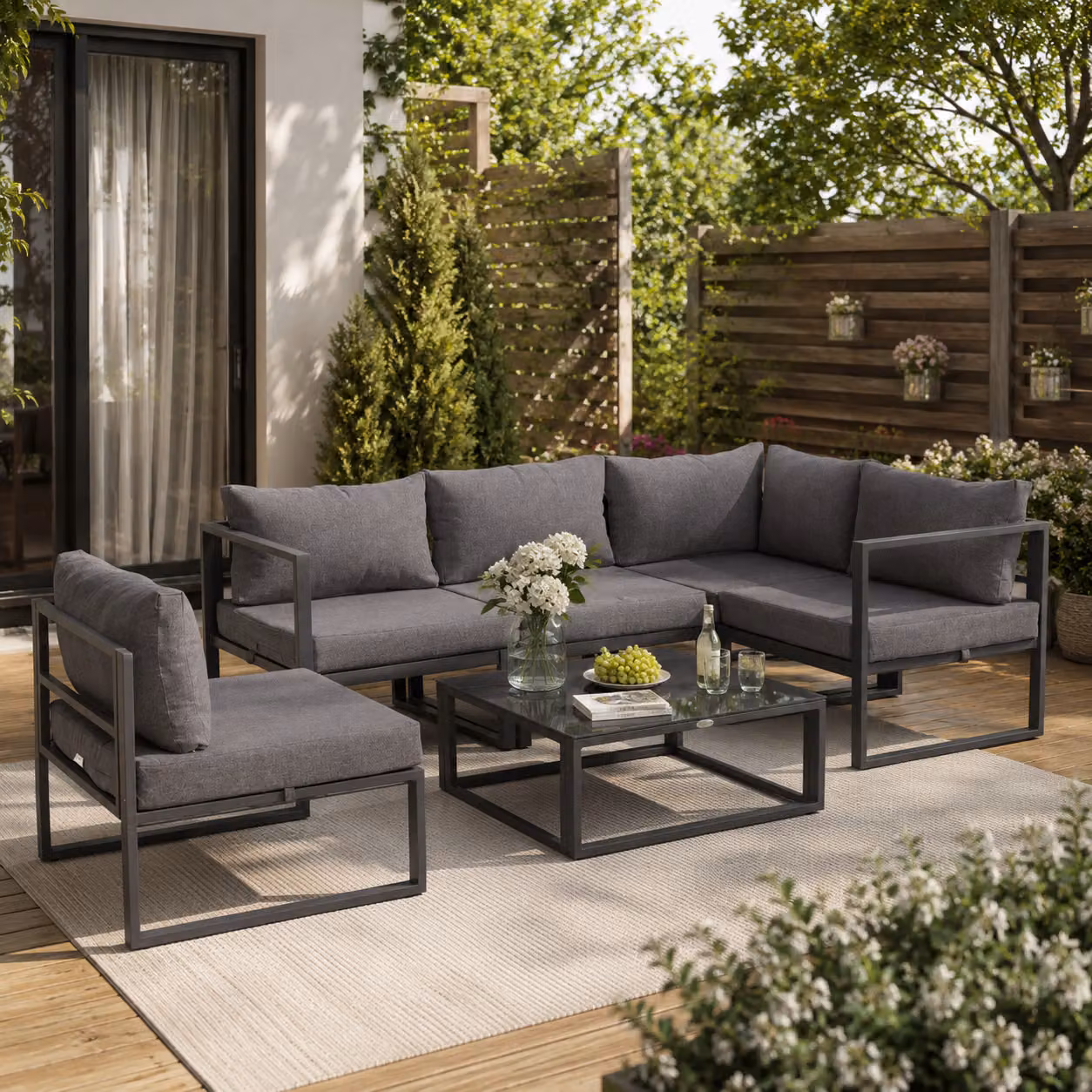 Outsunny 6-Piece L-Shape Outdoor Sectional Sofa Set with Grey Upholstered Cushions and Powder Coated Aluminium Frame – 2