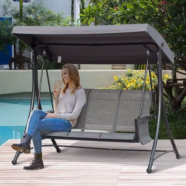 OUTSUNNY 3-Seater Metal and Fabric Swing Chair with Sun Canopy in Grey – 1