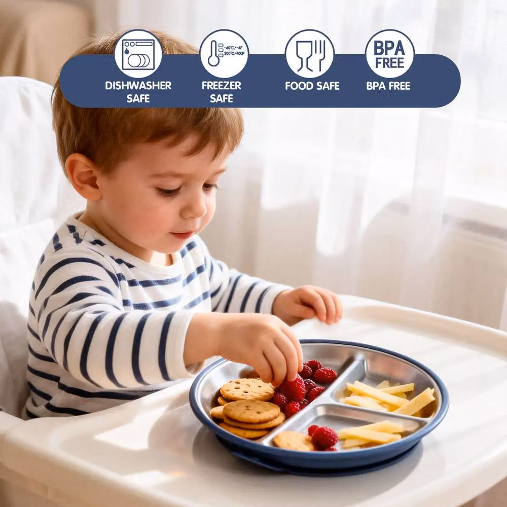 Greentainer 3-Piece Blue Stainless Steel Divided Plate Set with Silicone Suction Base – 2