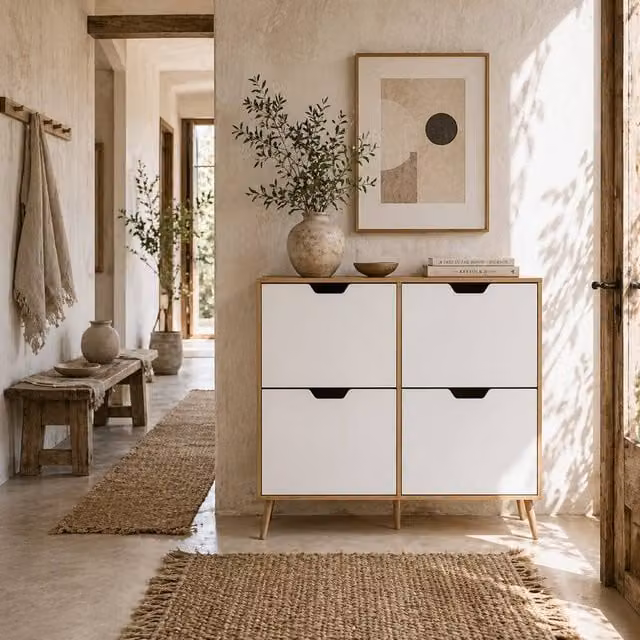 Wyld Haus Margarita Scandi Wooden Shoe Cabinet in White, H 95 x W 95 x D 26 cm