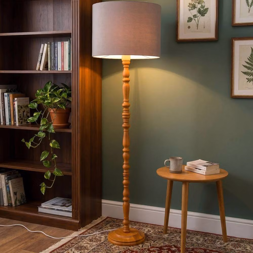 Happy Homewares Classic Wooden Floor Lamp Base with Intricate Pole Design in Brown – 2