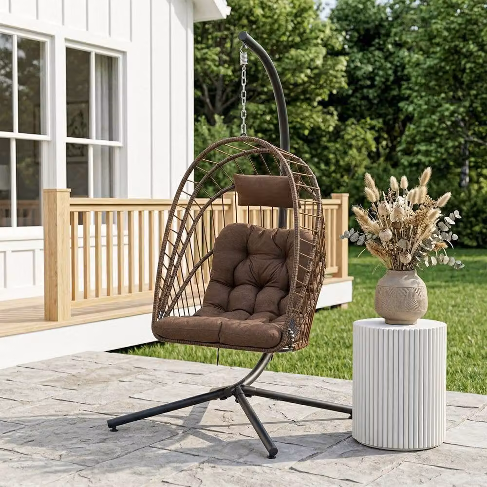 Living and Home Brown Hanging Egg Chair with Cushion and Headrest featuring Rattan and Metal Frame – 9