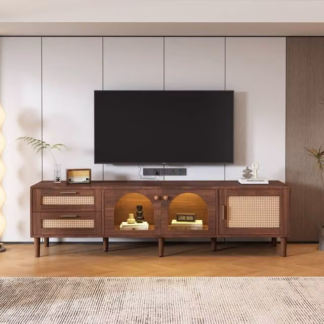 Merax Mid-Century Brown Walnut TV Stand with Rattan Doors, Arched Glass and LED Lights, W: 180 cm, D: 40 cm, H: 50 cm – 1