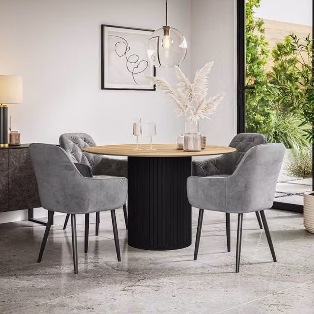 More4Homes Arlo Oak Round Dining Table with Black Legs and Set of 4 Anika Grey Velvet Dining Chairs, W: 120 cm, H: 75 cm