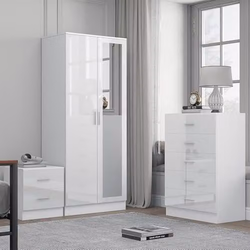 Reflect Modern Bedroom Furniture Set in White Gloss and Matt White Finish, including 2 Door Mirror Wardrobe, 5 Drawer Tallboy Chest and 2 Drawer Bedside Table – 1