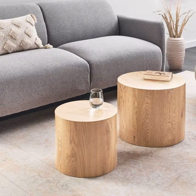 Wyld and Coco Set of 2 Round Brown Wood Coffee Tables with Nested Tops – 1