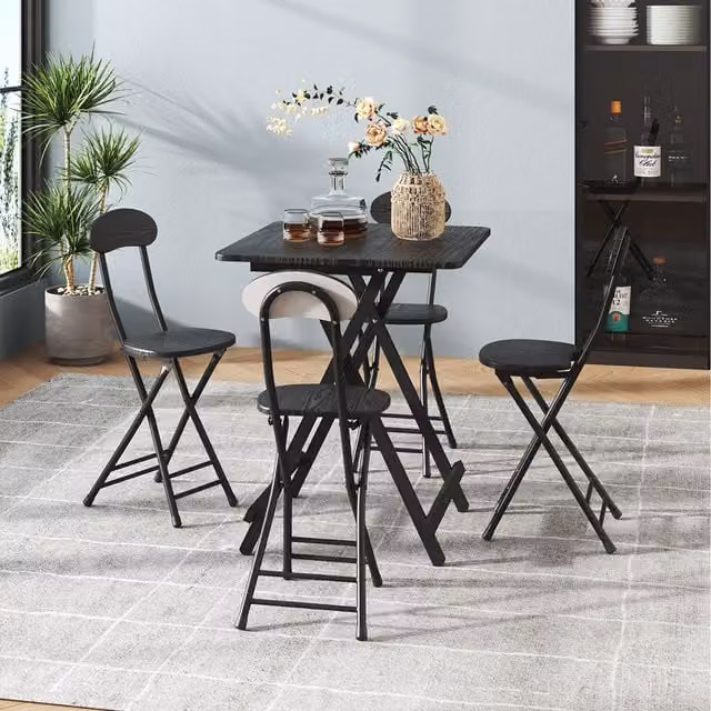 Komore Black Metal Frame Folding Dining Table and 4 Folding Chairs Set