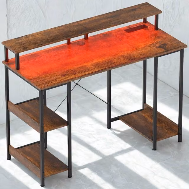 FURNOS Industrial Computer Desk with USB Outlets and LED Lights, Brown, W: 120 cm, D: 60 cm, H: 76.7 cm