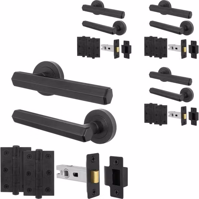 AFIT Matt Black Aluminium Door Handle Latch and Hinge Set, 4 Pack, 150 x 150 mm