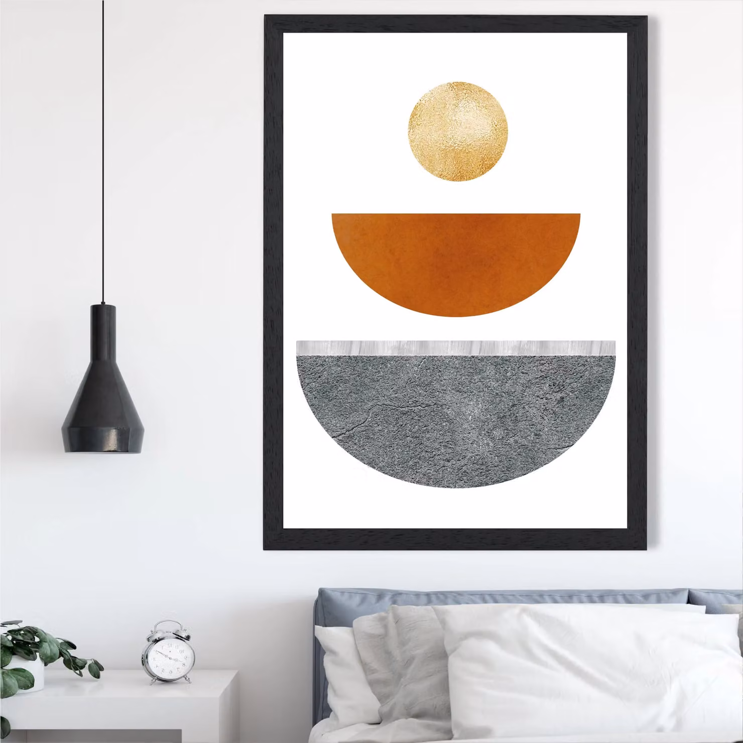 ARTZE Mid Century Geometric Framed Print, Yellow, Orange, Grey and Black Abstract Circles Paper Poster with Black Frame, Size: A3 – 2