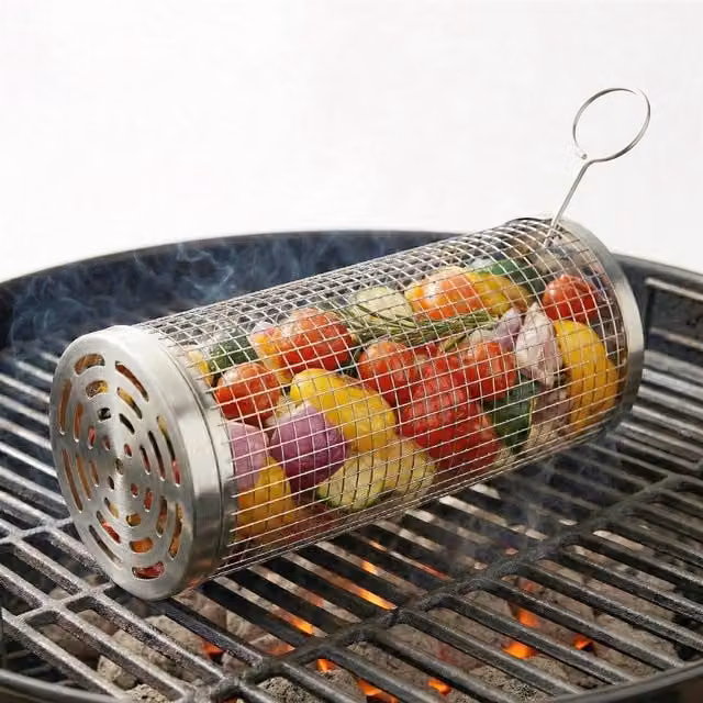 GEEZY Stainless Steel Rolling Grill Basket with Wire Mesh in Silver