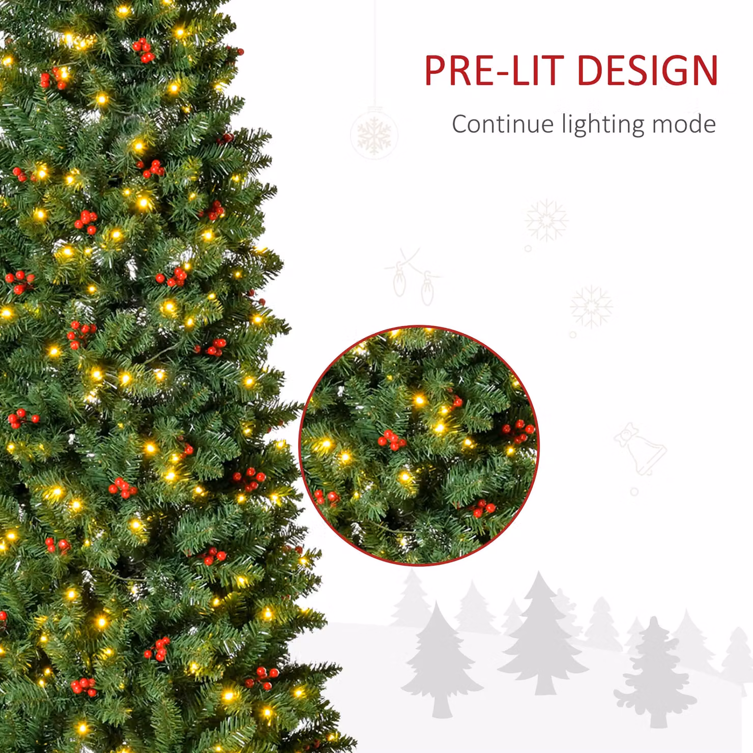 HOMCOM 7ft Artificial Pencil Christmas Tree with Warm White LED Lights and Red Berry Decor in Green – 5
