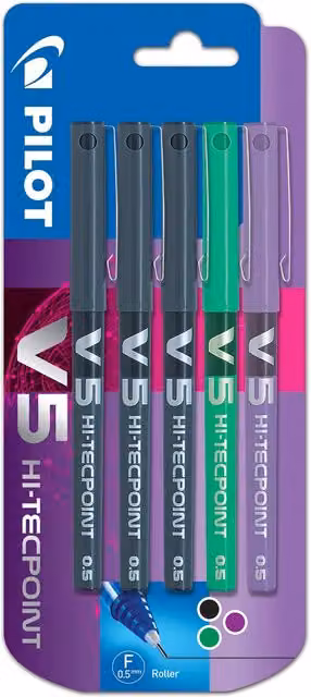 Pilot V5 Hi-Tecpoint Liquid Ink Fineliner Pens, Multicolour Pack of Five