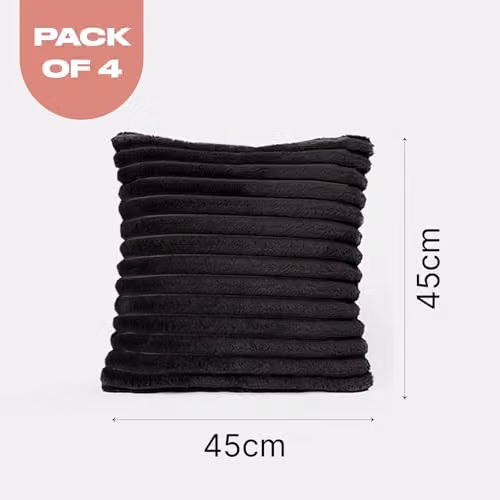 OHS Pack of 4 Black Faux Fur Ribbed Square Decorative Throw Pillows with Removable Covers, W/D/H: 45 x 45 x 45 cm – 7