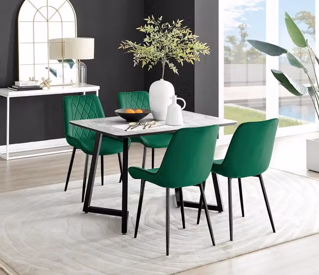 FurnitureboxUK Carson White Marble Effect Dining Table and 4 Pesaro Green Upholstered Chairs with Black Legs