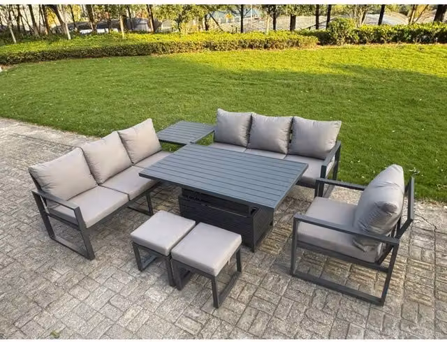 Fimous 9-Seater Aluminium Sofa Dining Set with Height-Adjustable Lifting Table and 2 Stools in Dark Grey – 1