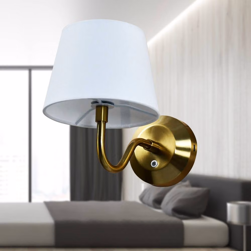 First Choice Lighting Hamilton Set of 2 Brass Rechargeable Wall Lights with White Fabric Shades in Gold – 3