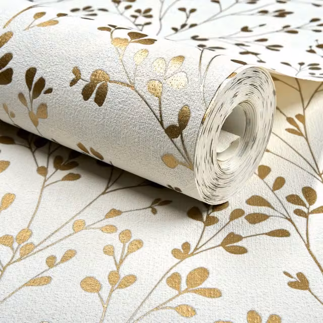 Grandeco Calluna Delicate Metallic Sprig Blown Floral Botanical Vinyl Wallpaper in Gold and White