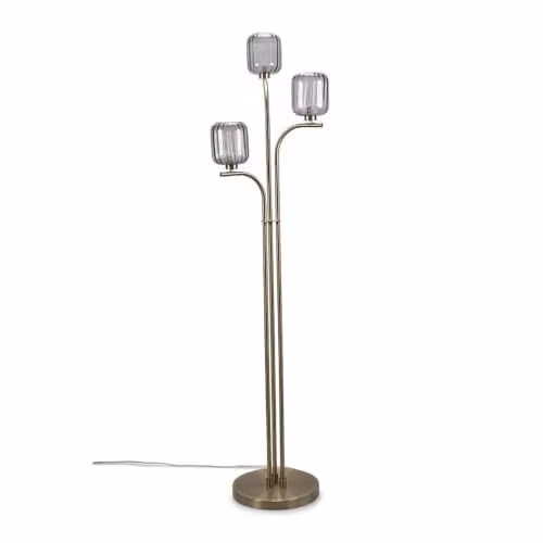 ValueLights Gold 3 Arm Free Standing Floor Lamp with Smoked Ribbed Glass Shades and Bulb Included